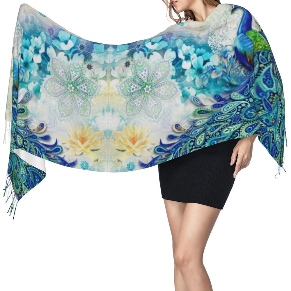 2163 Peacocks And Flowers Women's Scarf Pashmina Shawl Wrap For Evening